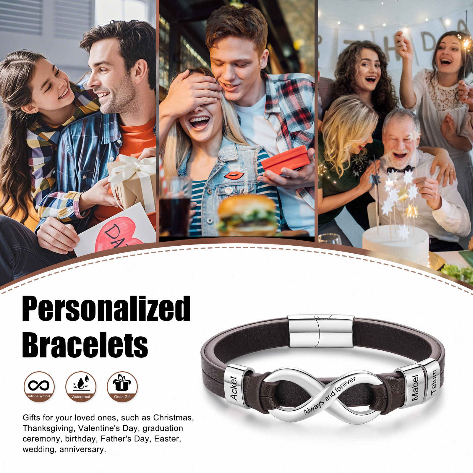 Personalised 3 Names&1 Text Leather Bracelet Custom for Him