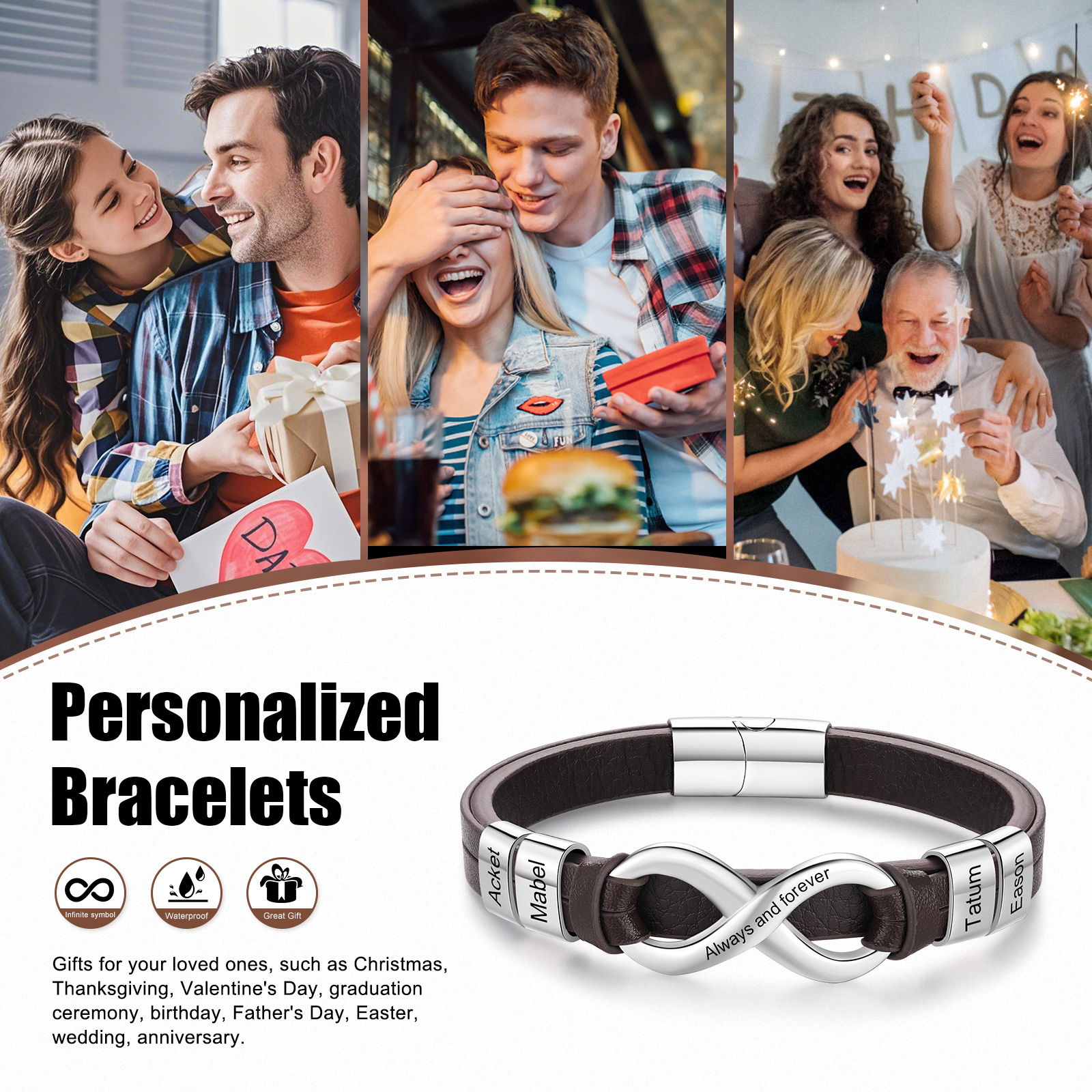 Personalised 4 Names&1 Text Leather Bracelet Custom for Him