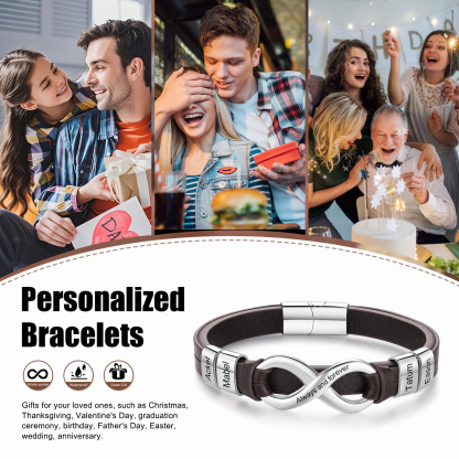 Personalised 4 Names&1 Text Leather Bracelet Custom for Him