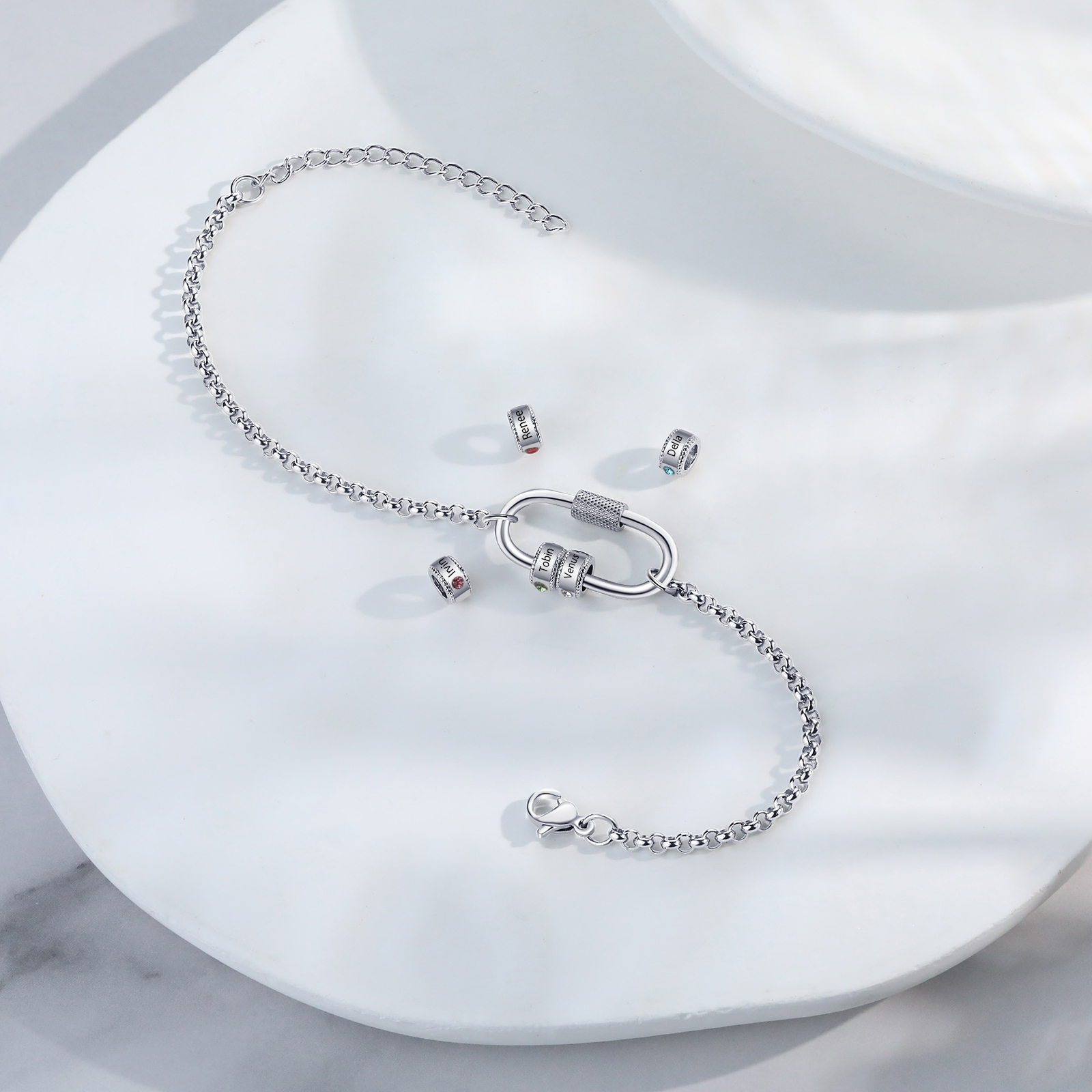 Personalised 5 Names & 5 Birthstones Bracelet for Women – Custom Stainless Steel Chain Gift | Jessemade