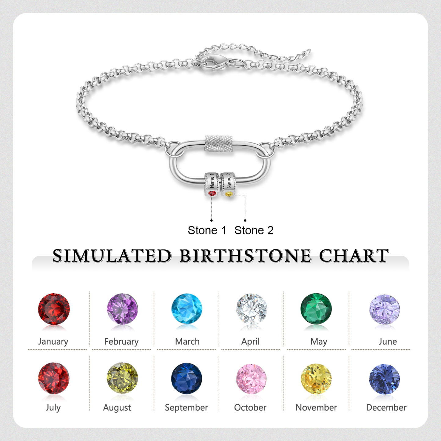 Personalised Bracelet With 2 Birthstones Heart Charm Bracelet Gift For Women | Jessemade