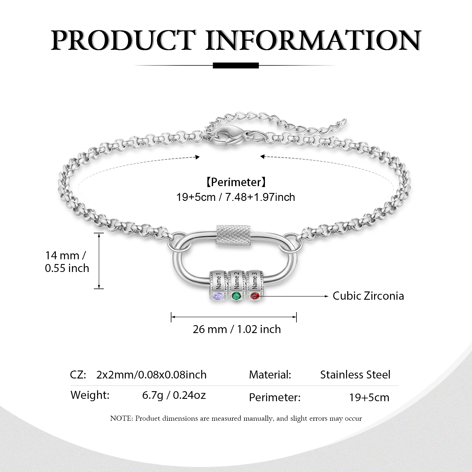 Personalised 3 Names & 3 Birthstones Bracelet for Women – Custom Stainless Steel Chain Gift | Jessemade