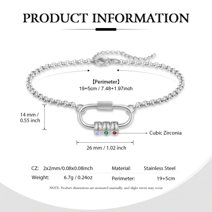 Personalised 3 Names & 3 Birthstones Bracelet for Women – Custom Stainless Steel Chain Gift | Jessemade