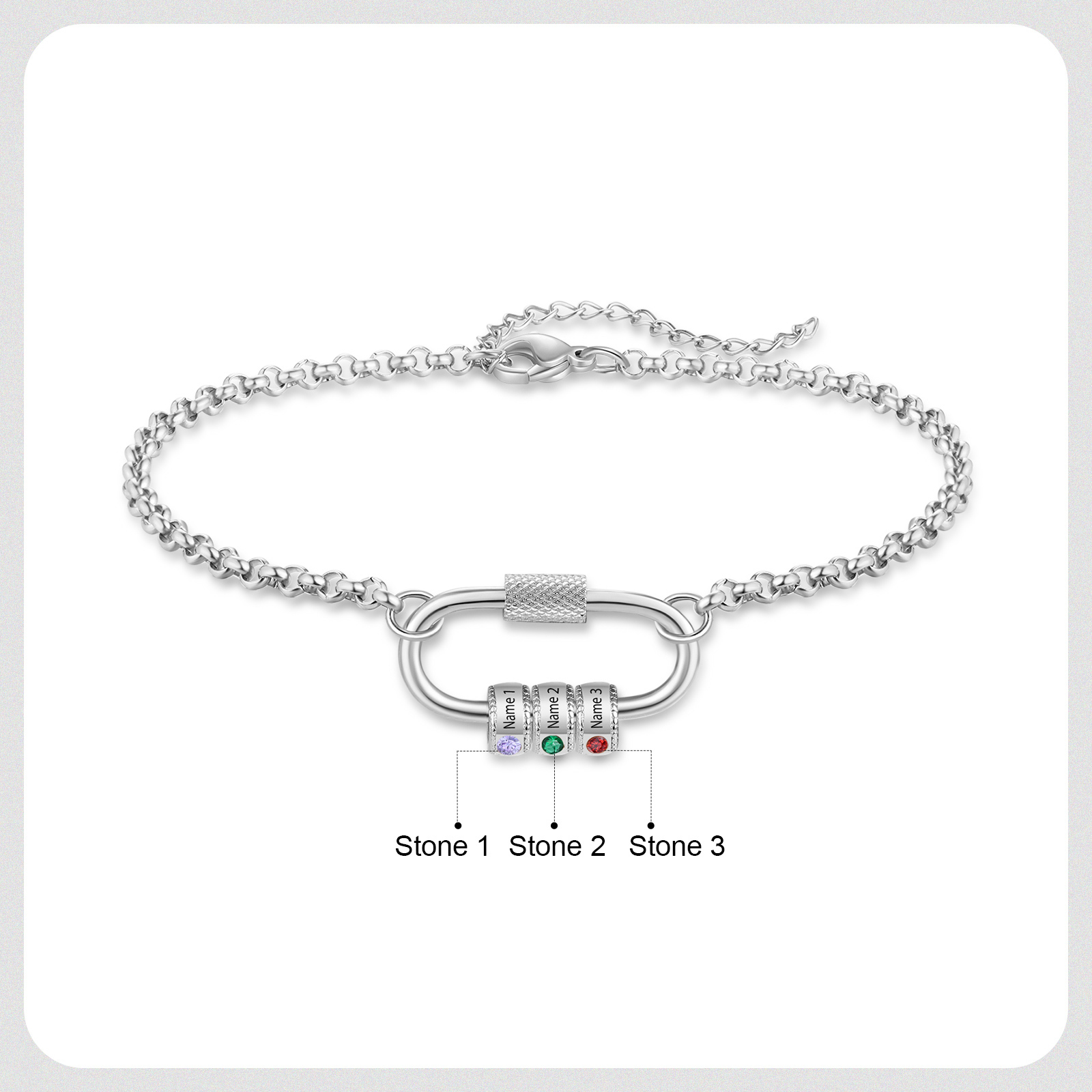 Personalised 3 Names & 3 Birthstones Bracelet for Women – Custom Stainless Steel Chain Gift | Jessemade