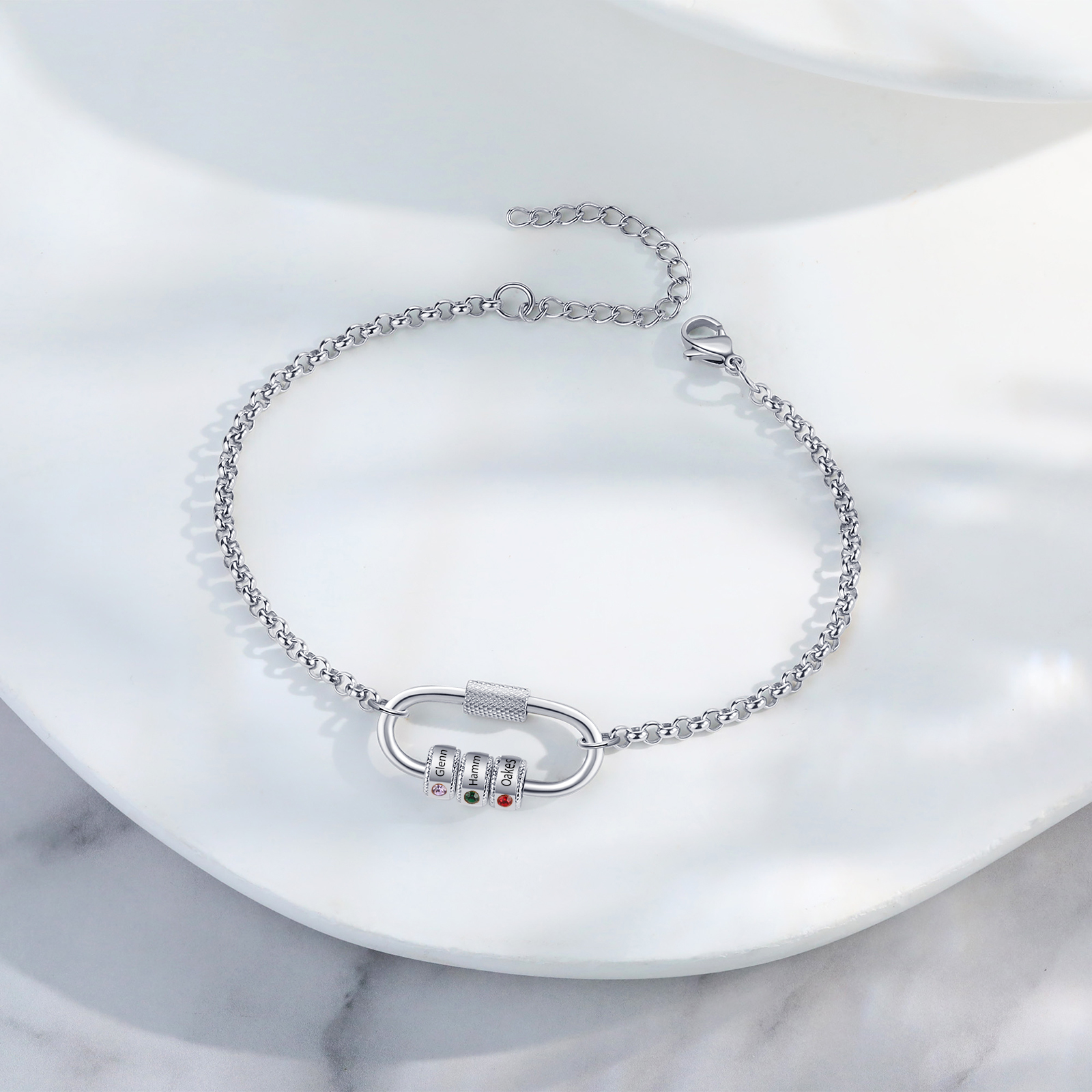 Personalised 3 Names & 3 Birthstones Bracelet for Women – Custom Stainless Steel Chain Gift | Jessemade