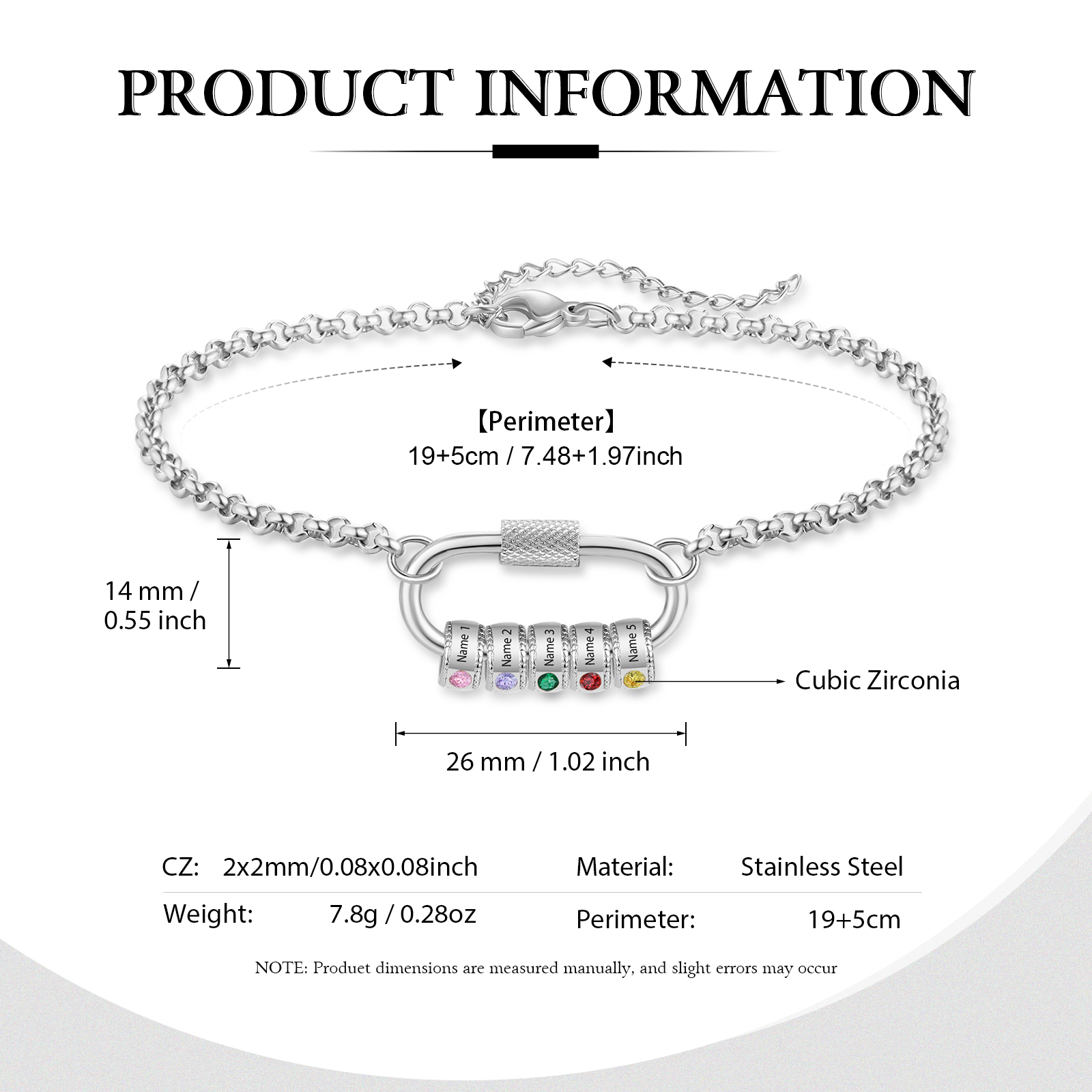 Personalised 5 Names & 5 Birthstones Bracelet for Women – Custom Stainless Steel Chain Gift | Jessemade