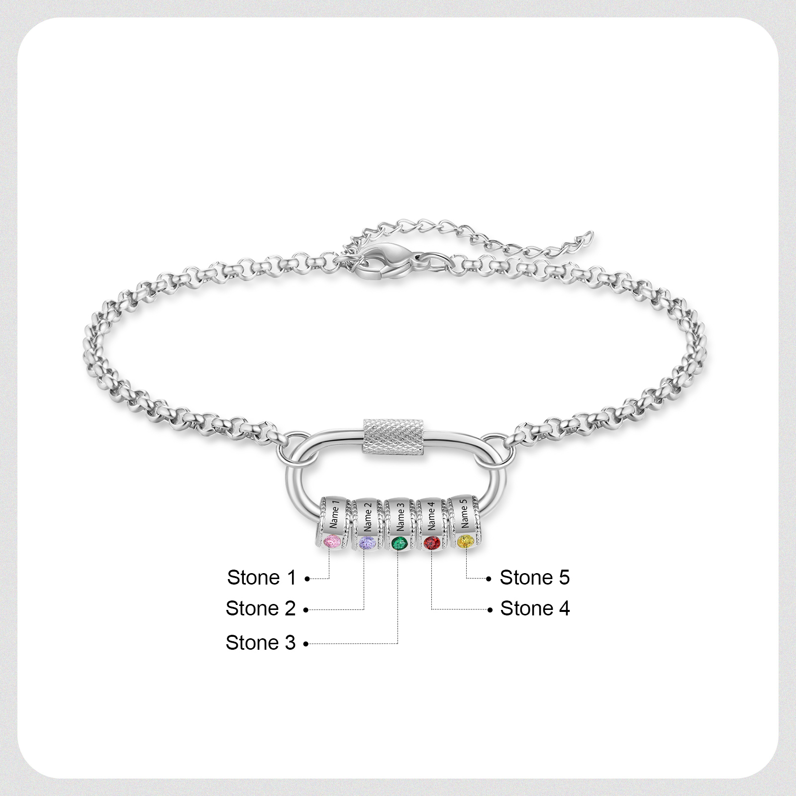 Personalised 5 Names & 5 Birthstones Bracelet for Women – Custom Stainless Steel Chain Gift | Jessemade