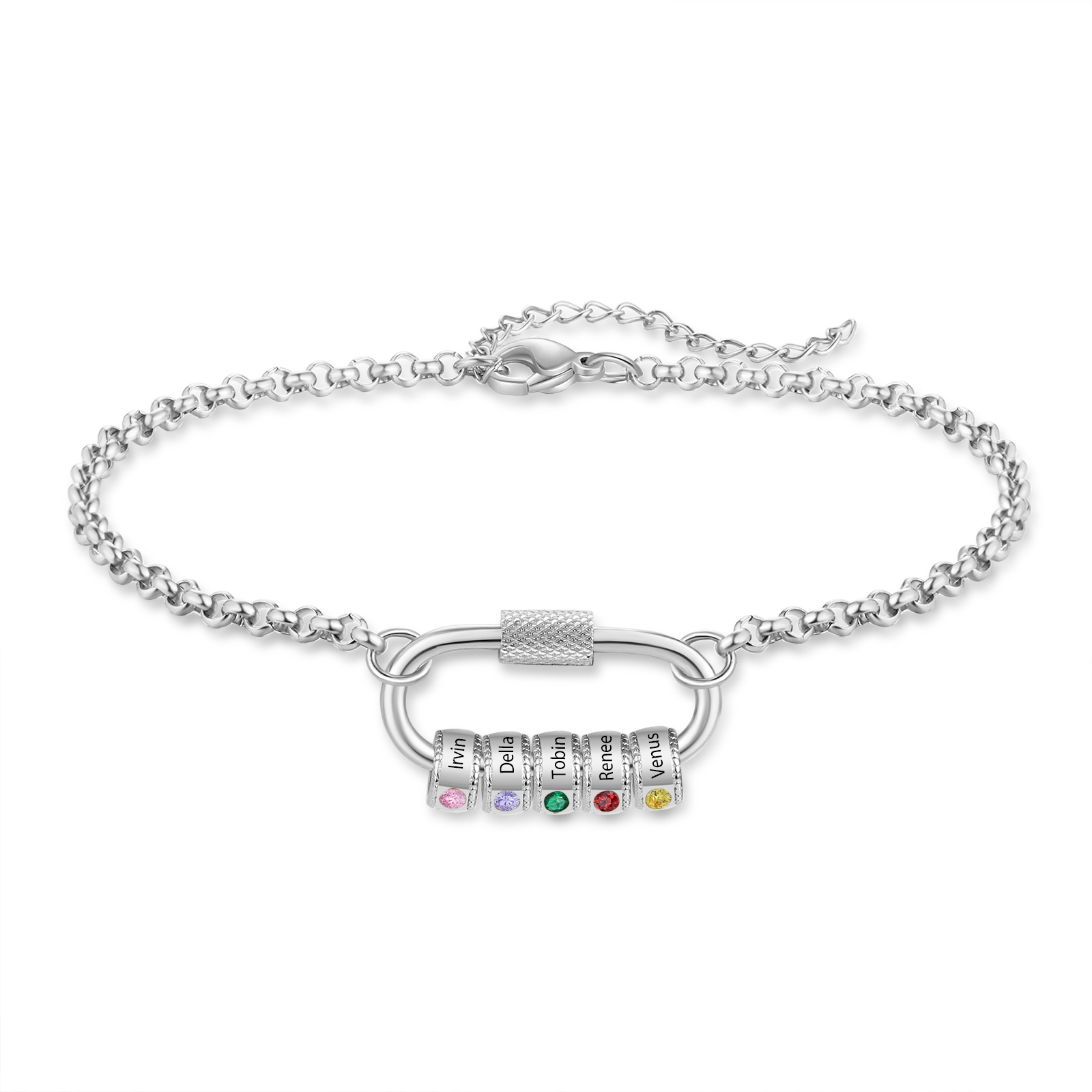 Personalised 5 Names & 5 Birthstones Bracelet for Women – Custom Stainless Steel Chain Gift | Jessemade