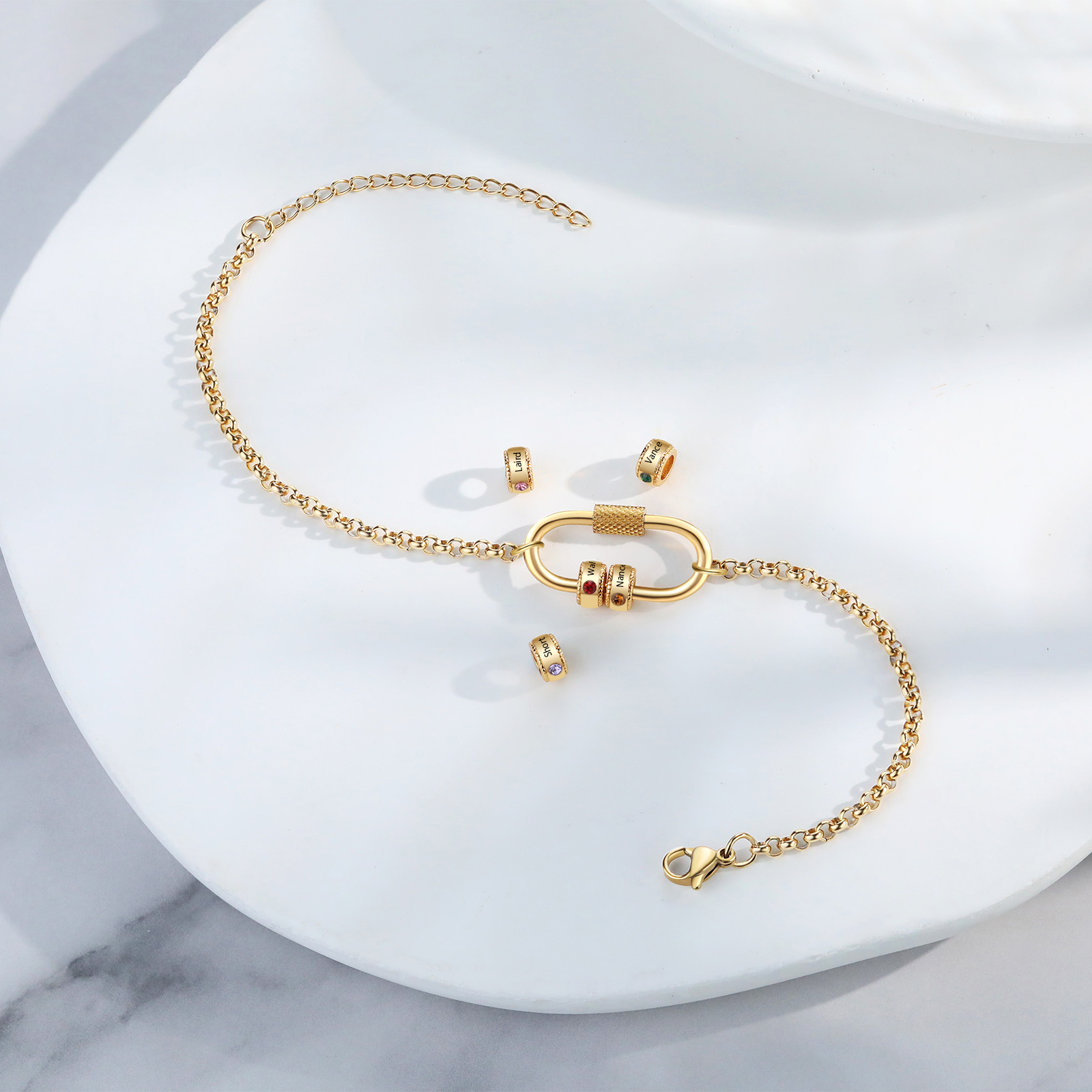 Personalised 5 Names & 5 Birthstones Bracelet for Women – Custom Stainless Steel Chain Gift | Jessemade