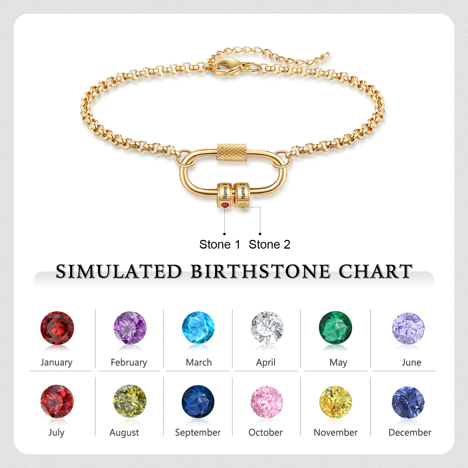 Personalised Bracelet With 2 Birthstones Heart Charm Bracelet Gift For Women | Jessemade