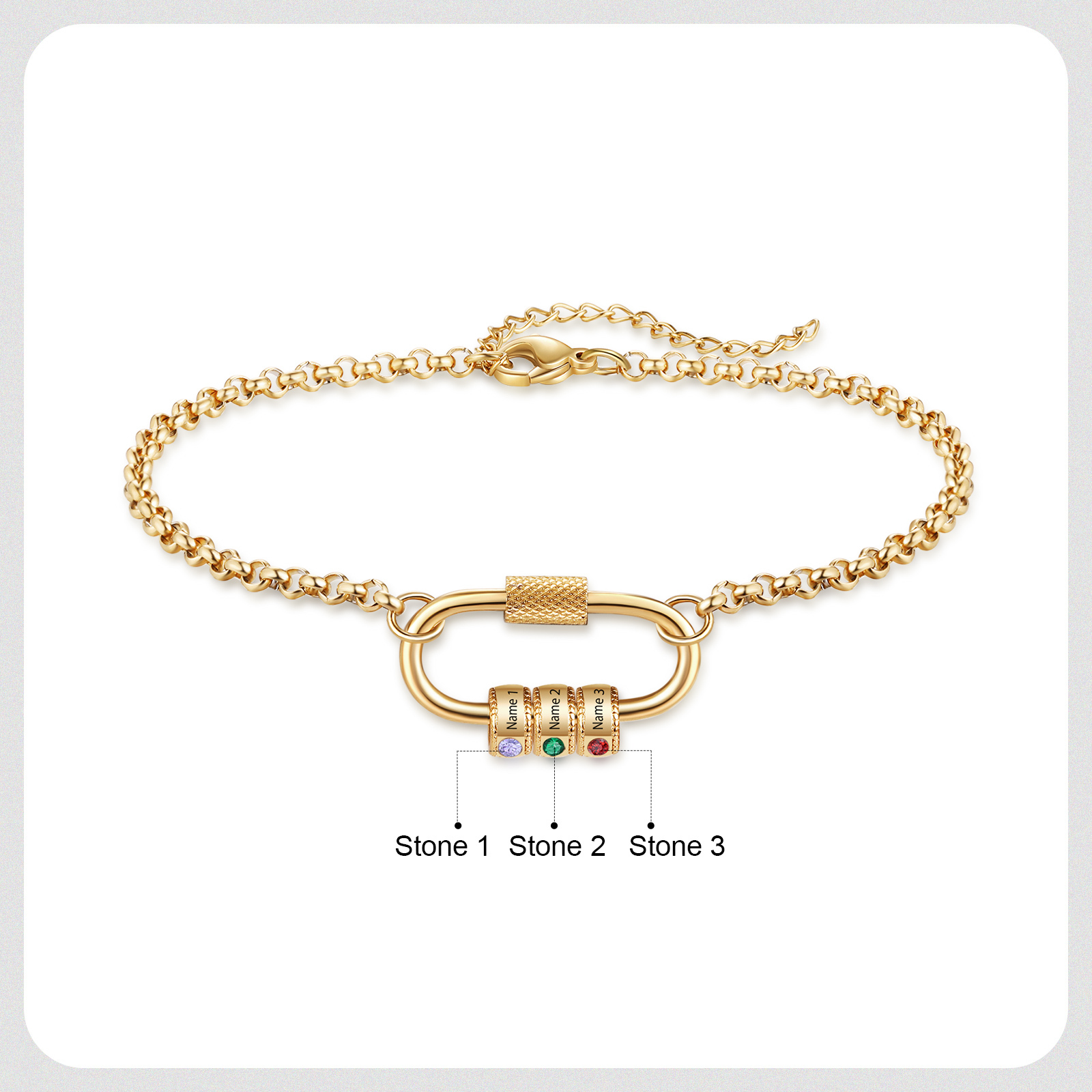 Personalised 3 Names & 3 Birthstones Bracelet for Women – Custom Stainless Steel Chain Gift | Jessemade