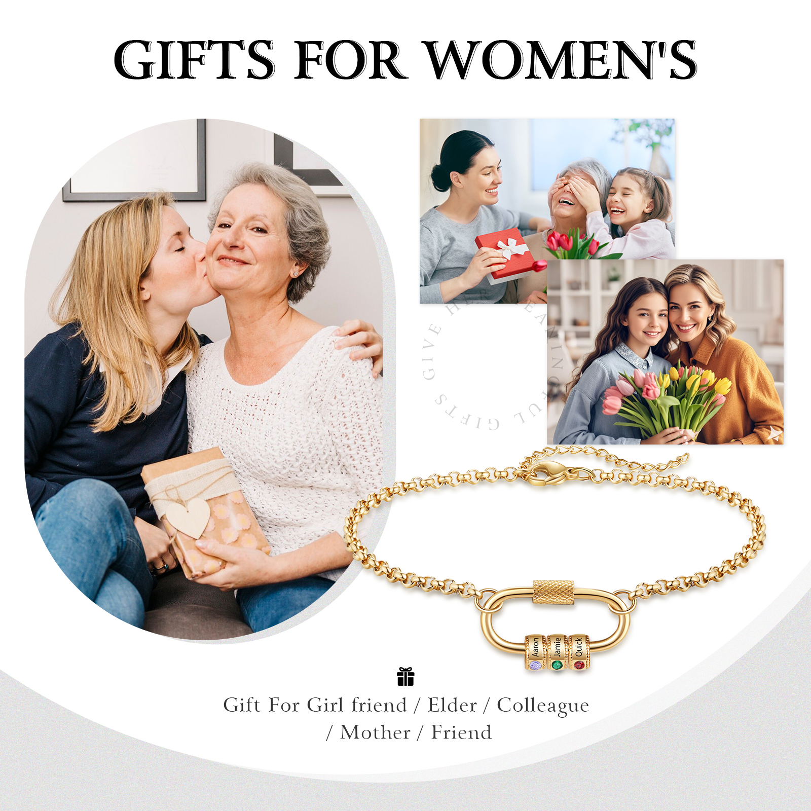 Personalised 3 Names & 3 Birthstones Bracelet for Women – Custom Stainless Steel Chain Gift | Jessemade