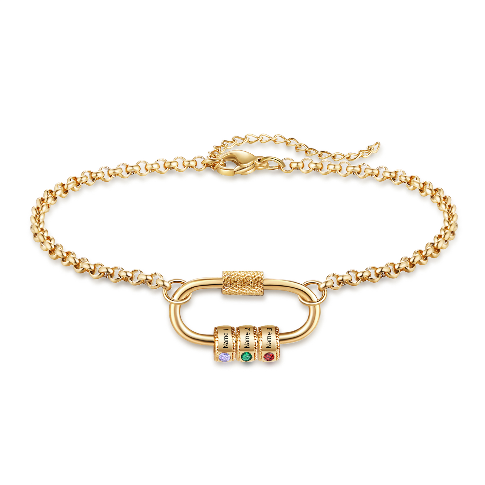 Personalised 3 Names & 3 Birthstones Bracelet for Women – Custom Stainless Steel Chain Gift | Jessemade