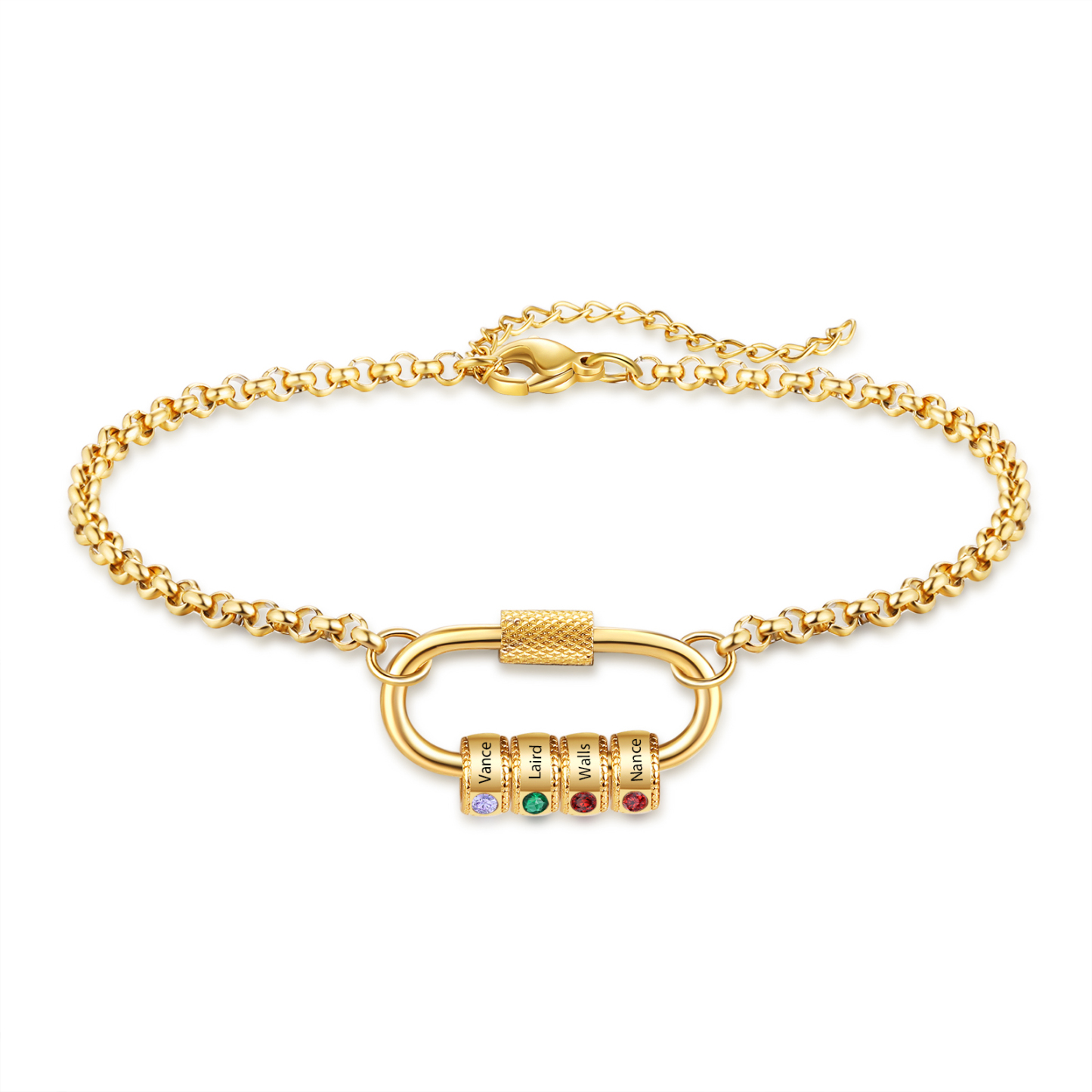 Personalised 4 Names & 4 Birthstones Bracelet for Women – Custom Stain