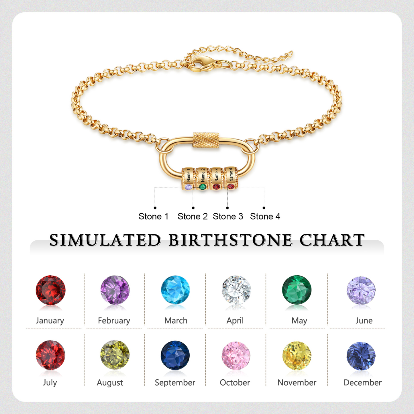 Personalised 4 Names & 4 Birthstones Bracelet for Women – Custom Stainless Steel Chain Gift | Jessemade