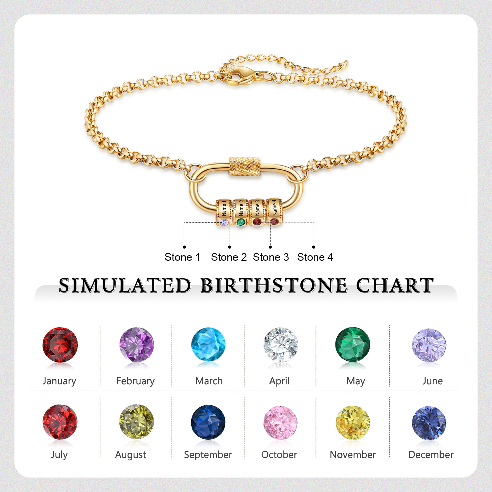 Personalised 4 Names & 4 Birthstones Bracelet for Women – Custom Stainless Steel Chain Gift | Jessemade