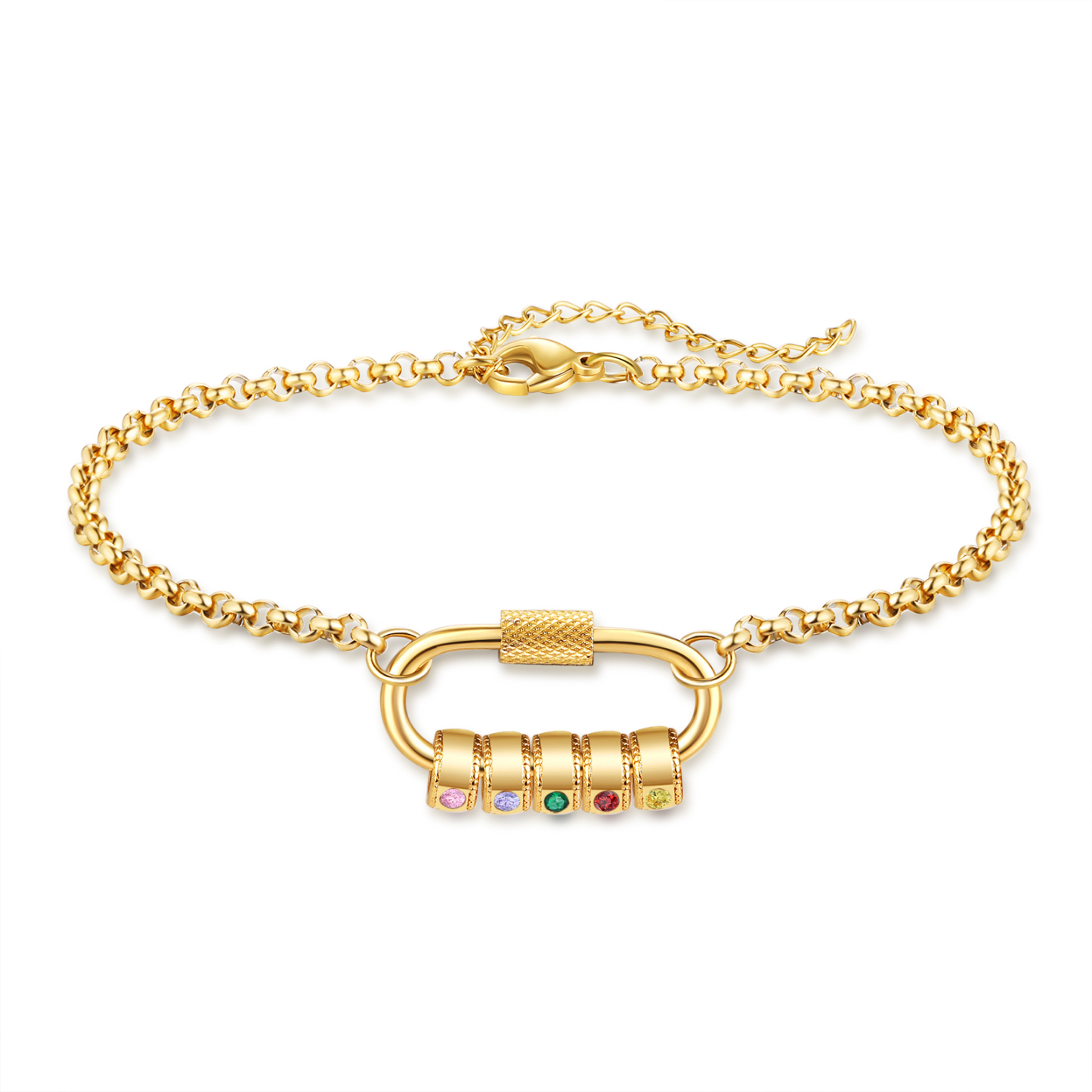 Personalised 5 Names & 5 Birthstones Bracelet for Women – Custom Stainless Steel Chain Gift | Jessemade