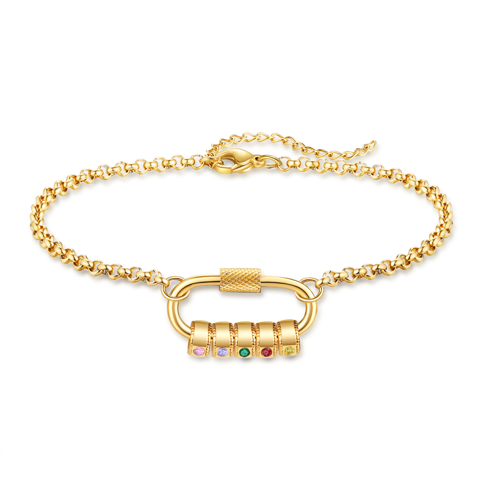 Personalised 5 Names & 5 Birthstones Bracelet for Women – Custom Stainless Steel Chain Gift | Jessemade