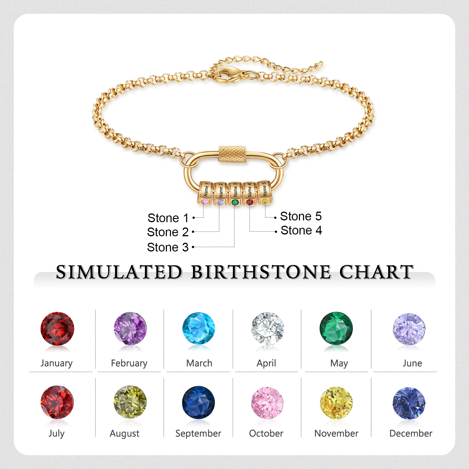 Personalised 5 Names & 5 Birthstones Bracelet for Women – Custom Stainless Steel Chain Gift | Jessemade