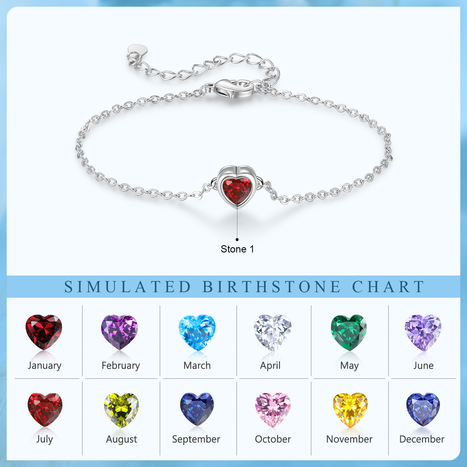 Personalised Women's Birthstone Bracelet with 1 Birthstone, Heart Pendant Design Gift for Her | Jessemade
