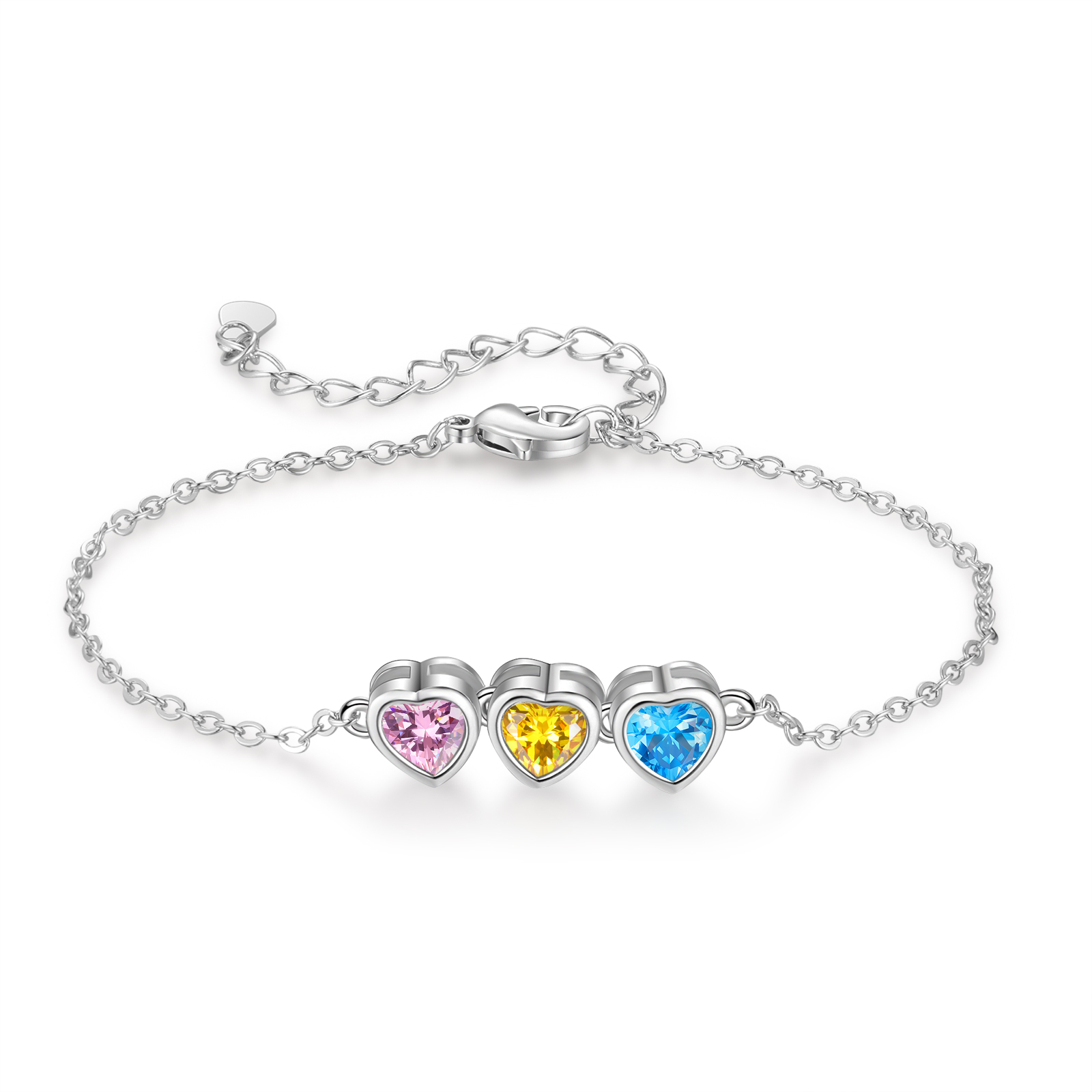 Personalised Women's Birthstone Bracelet with 3 Birthstones, Heart Pen