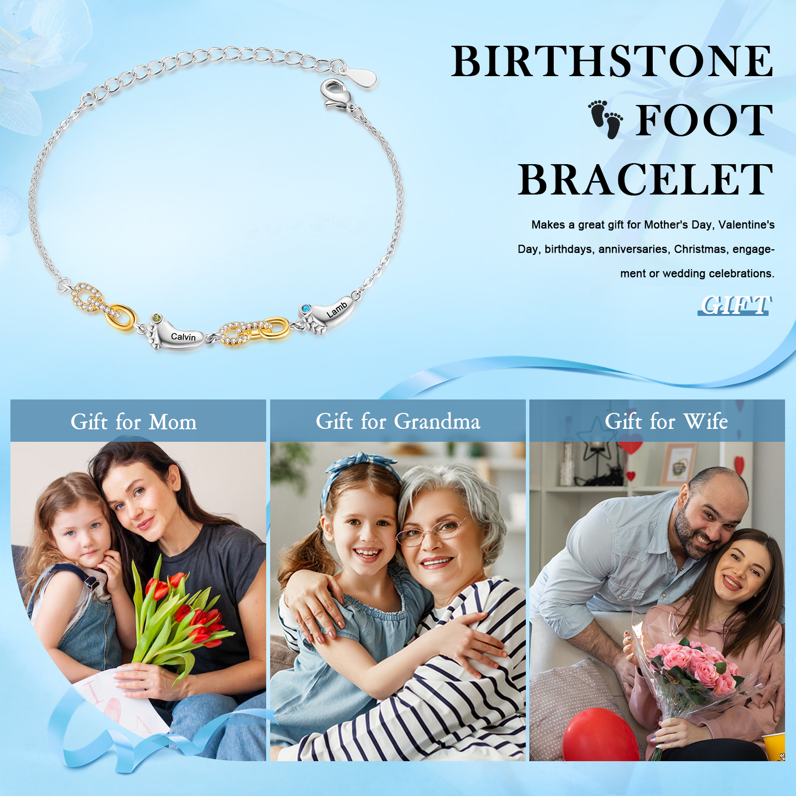 2 Names Personalised Birthstone Bracelet – Infinity Family Foot Charm Jewellery | Jessemade