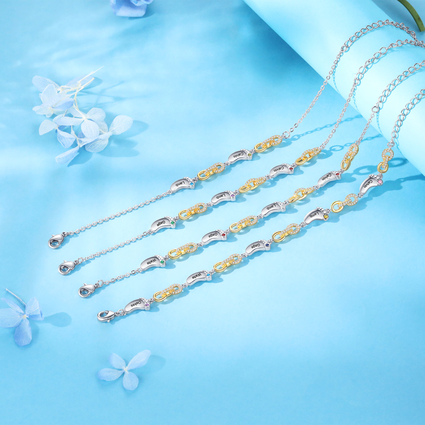 3 Names Personalised Birthstone Bracelet – Infinity Family Foot Charm Jewellery | Jessemade