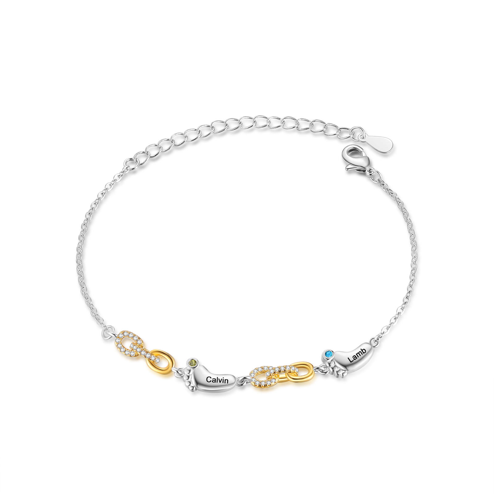 2 Names Personalised Birthstone Bracelet – Infinity Family Foot Charm