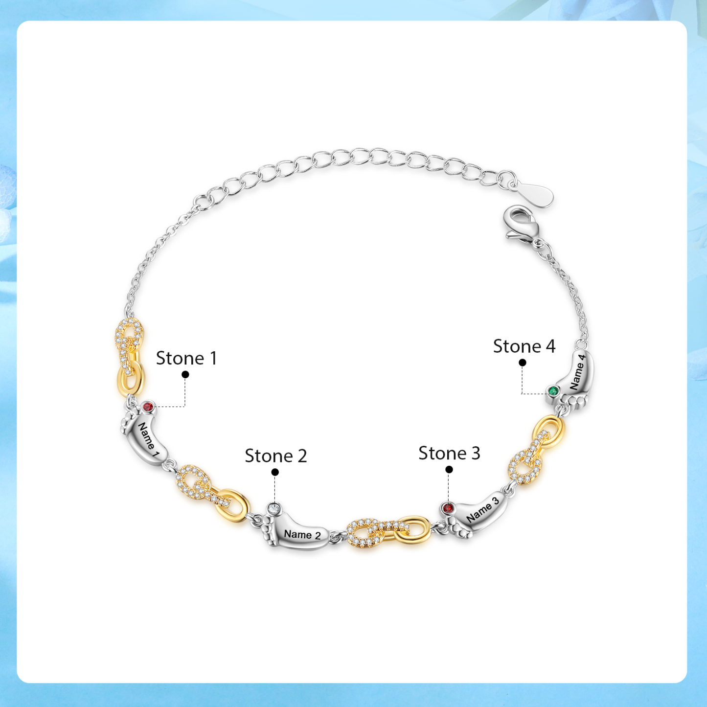 4 Names Personalised Birthstone Bracelet – Infinity Family Foot Charm Jewellery | Jessemade