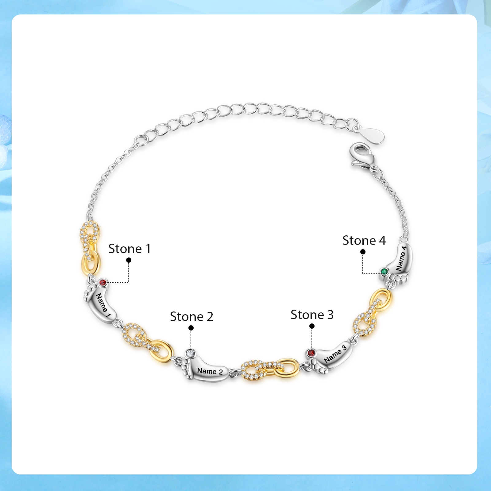 4 Names Personalised Birthstone Bracelet – Infinity Family Foot Charm Jewellery | Jessemade