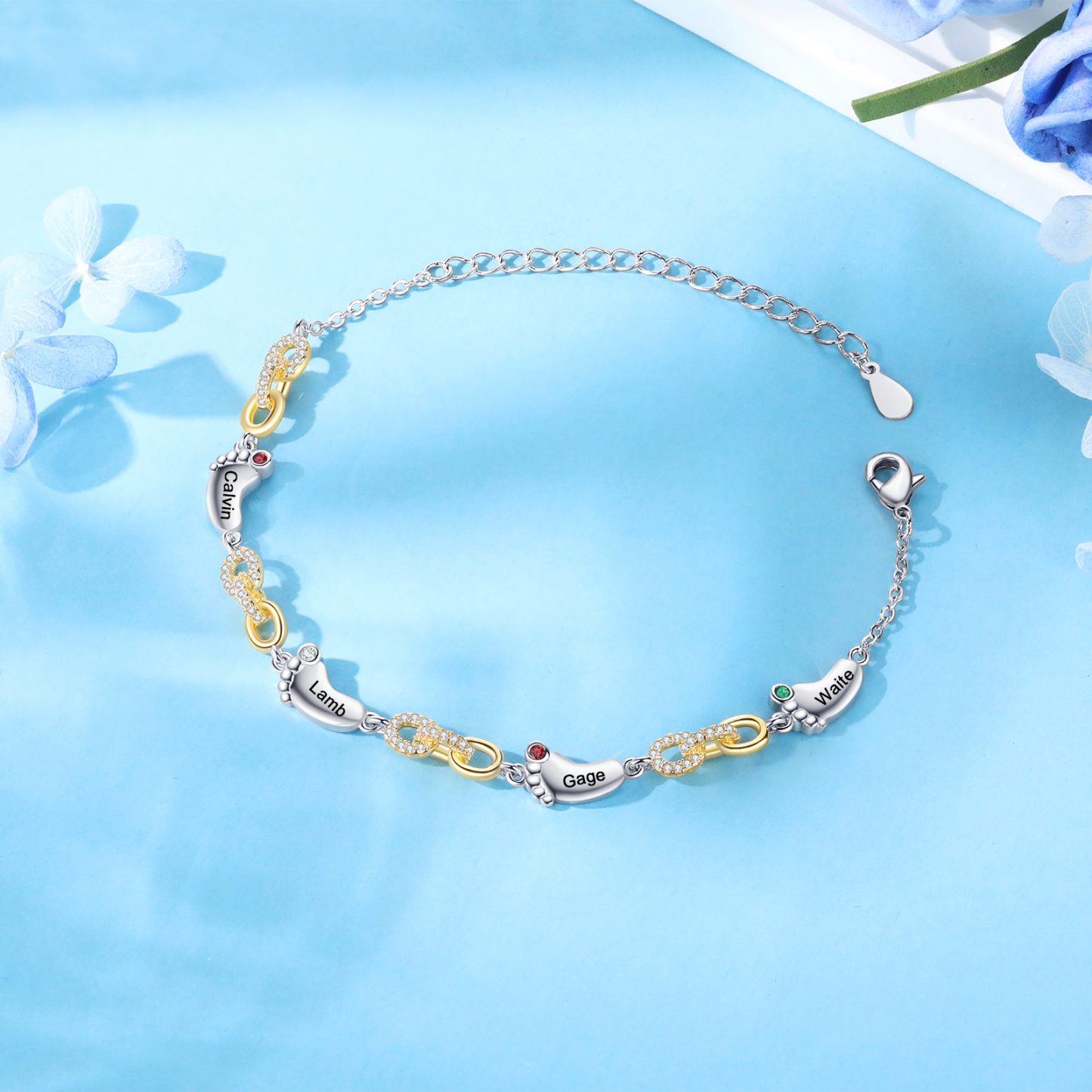 4 Names Personalised Birthstone Bracelet – Infinity Family Foot Charm Jewellery | Jessemade