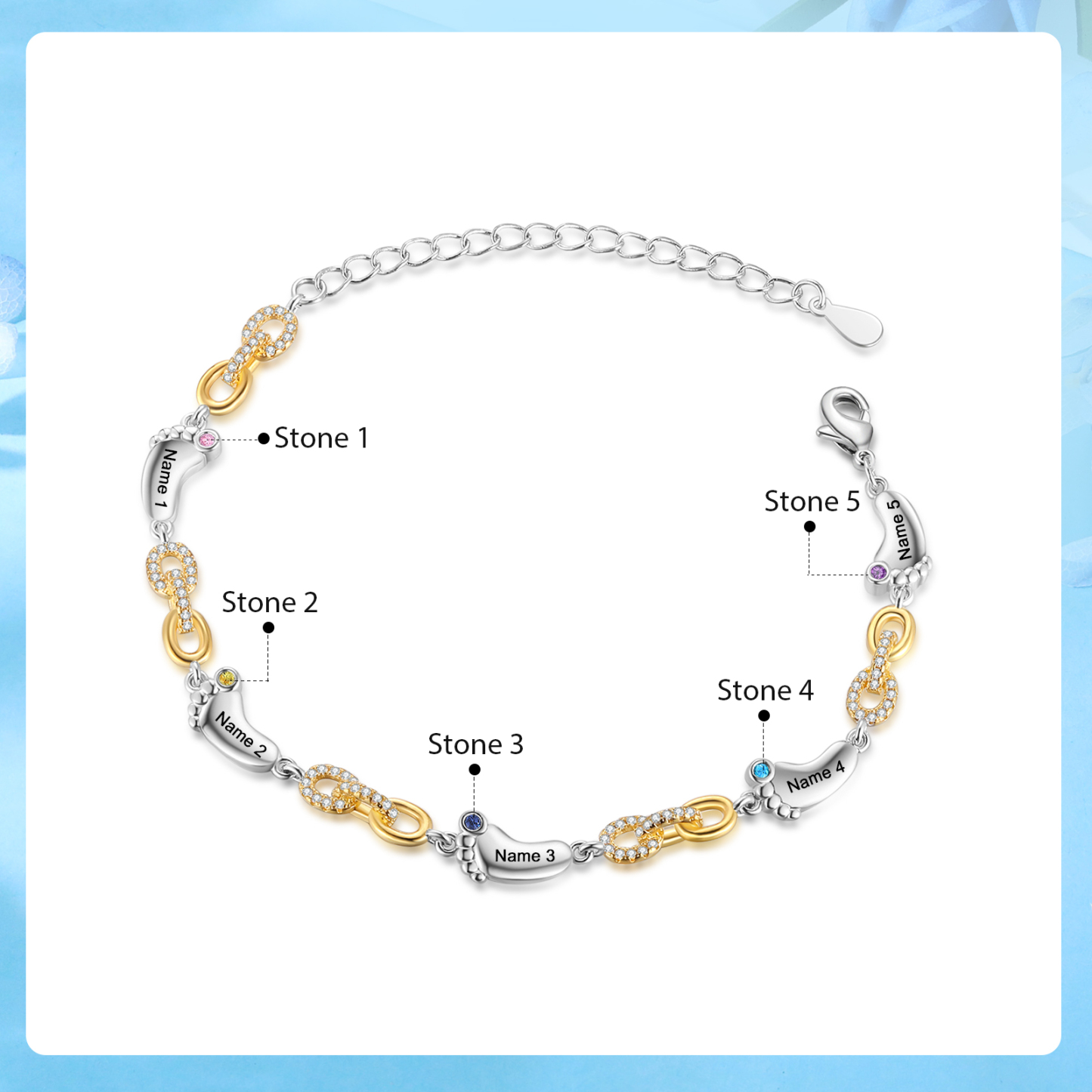 5 Names Personalised Birthstone Bracelet – Infinity Family Foot Charm Jewellery | Jessemade
