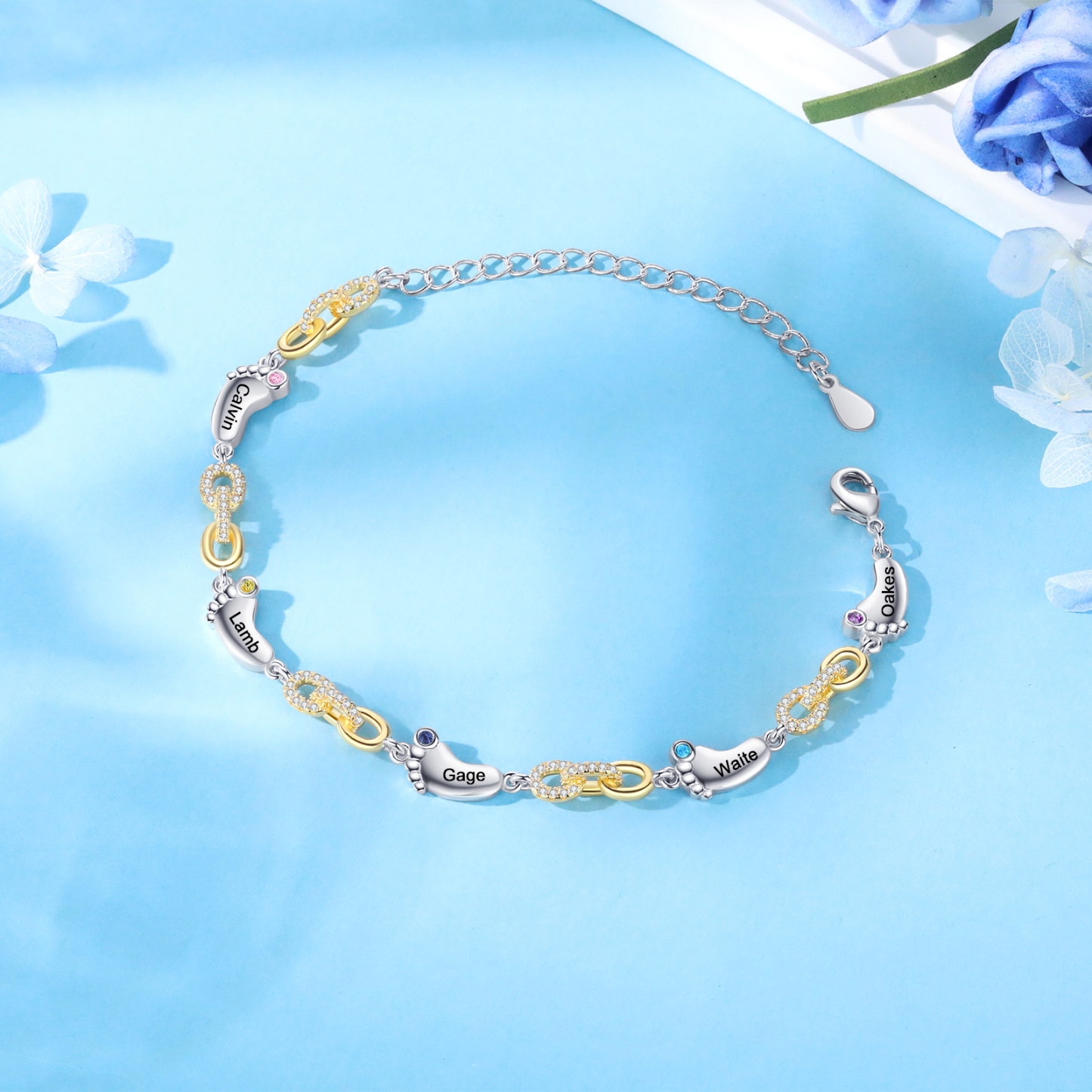 5 Names Personalised Birthstone Bracelet – Infinity Family Foot Charm Jewellery | Jessemade