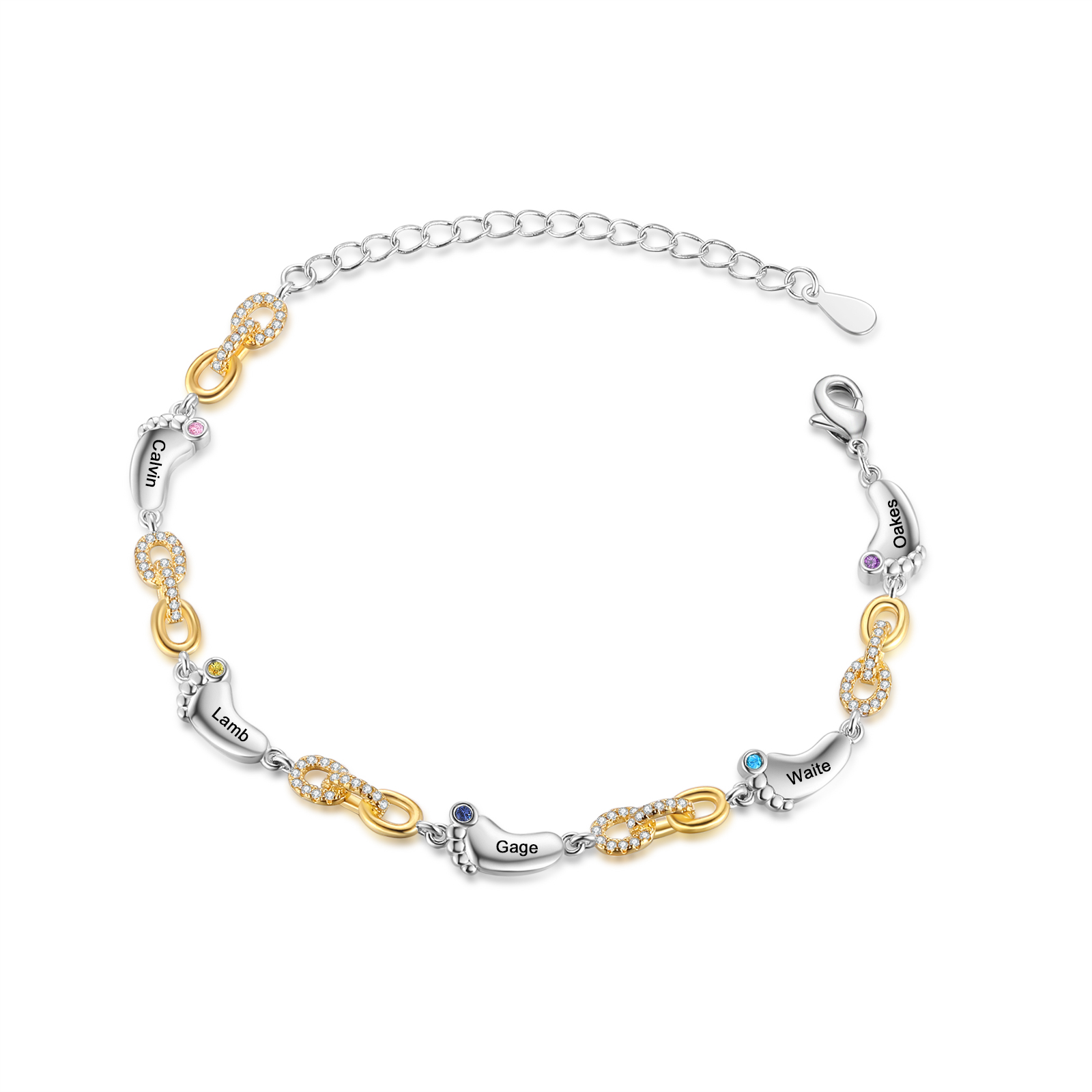 5 Names Personalised Birthstone Bracelet – Infinity Family Foot Charm Jewellery | Jessemade
