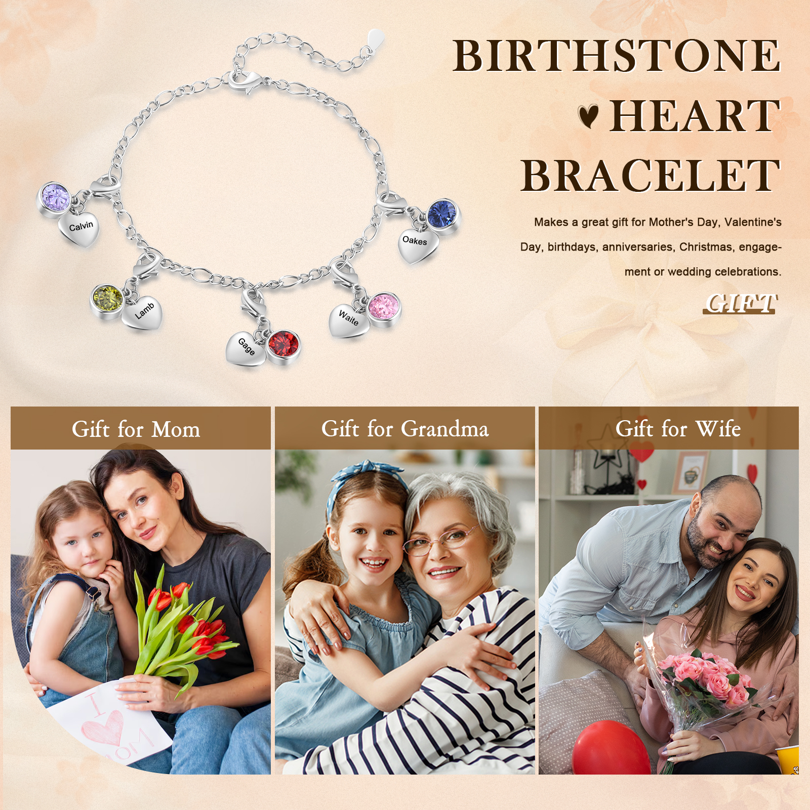 5 Names & 5 Birthstones - Personalised Birthstone Beautiful Bracelet Gift for Her