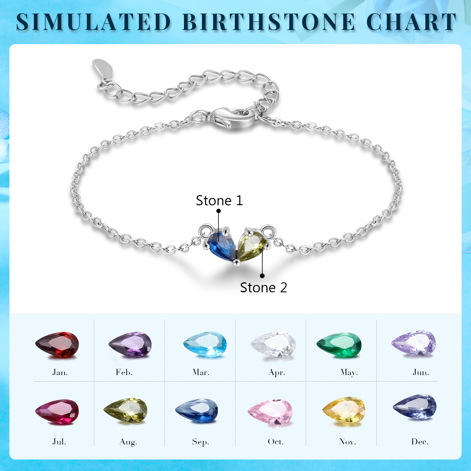 Personalised Women's Birthstone Bracelet with 2 Birthstones, Heart Pendant Design Gift for Her | Jessemade
