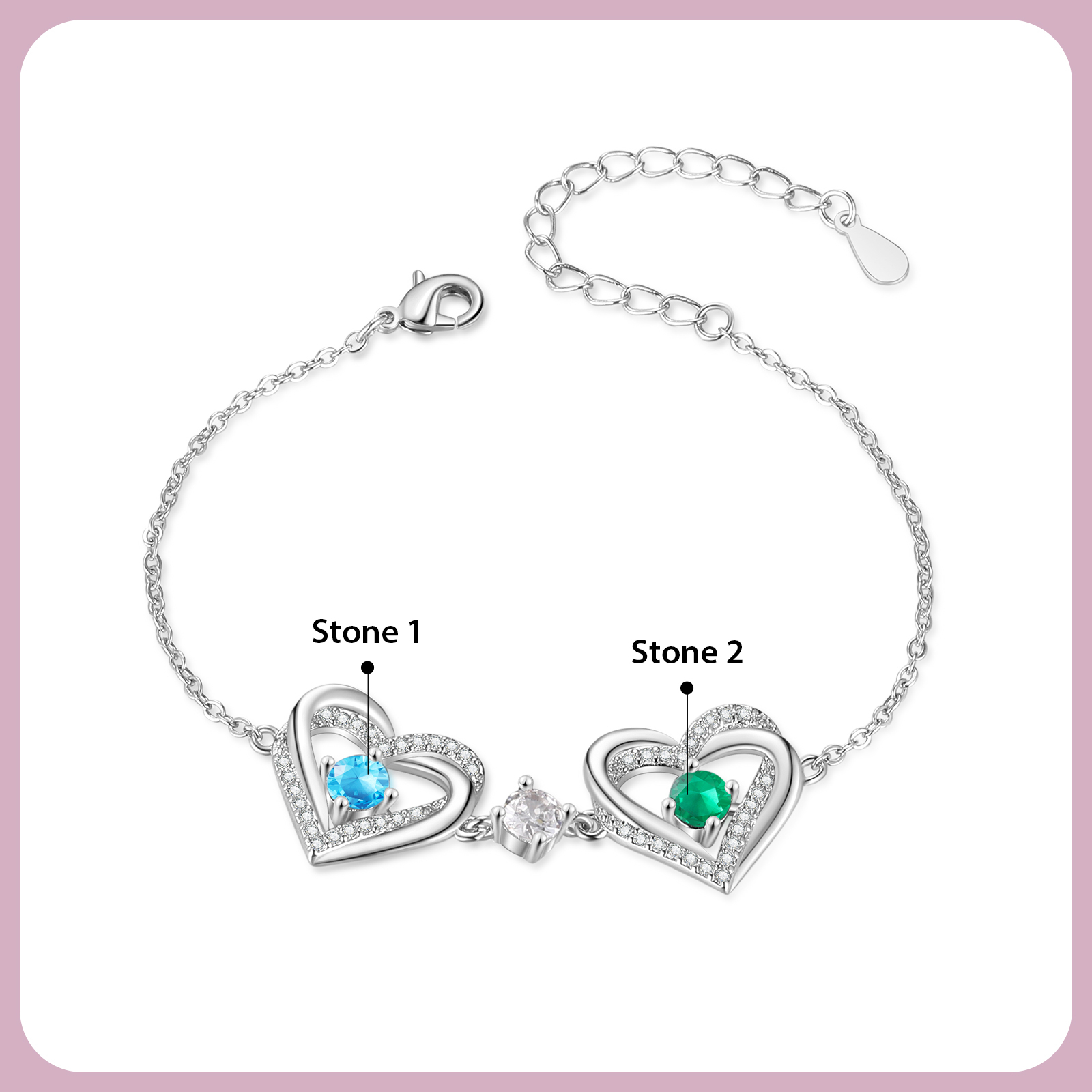 Personalised Bracelet With 2 Birthstones Heart Charm Bracelet Gift For Women | Jessemade