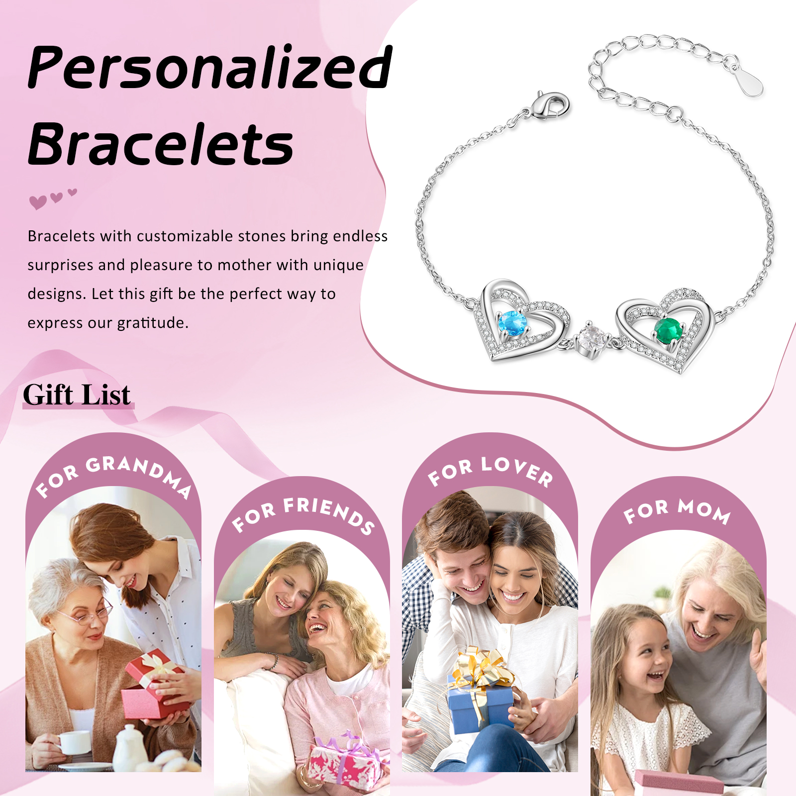 Personalised Bracelet With 2 Birthstones Heart Charm Bracelet Gift For Women | Jessemade