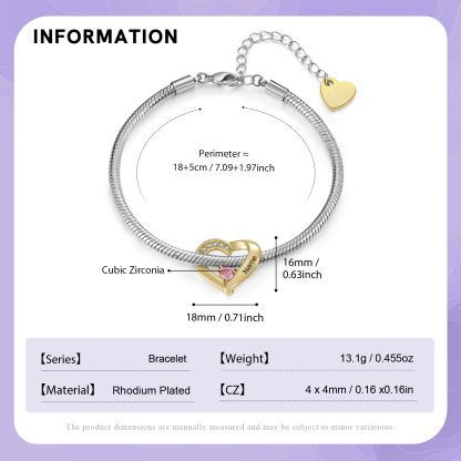 Personalised 1-5 Names Birthstone Heart Bracelet with Custom Name Charms | Jessemade