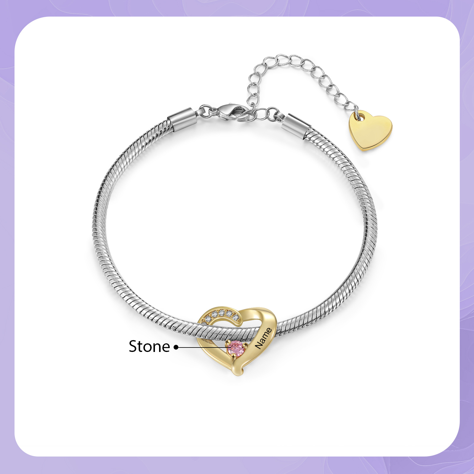 Personalised 1-5 Names Birthstone Heart Bracelet with Custom Name Charms | Jessemade