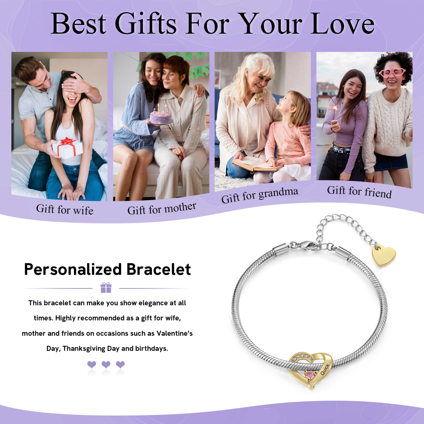 Personalised 1-5 Names Birthstone Heart Bracelet with Custom Name Charms | Jessemade