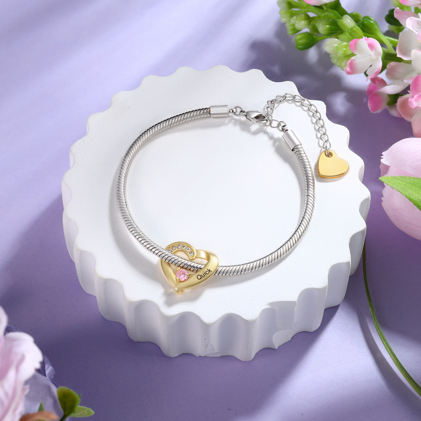 Personalised 1-5 Names Birthstone Heart Bracelet with Custom Name Charms | Jessemade