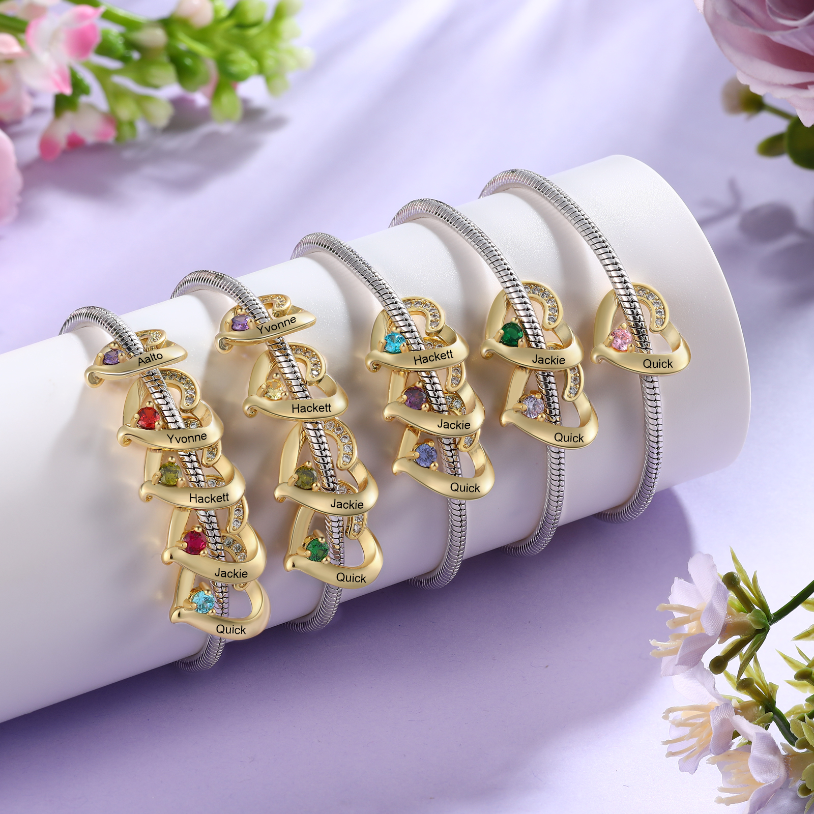 Personalised 1-5 Names Birthstone Heart Bracelet with Custom Name Charms | Jessemade