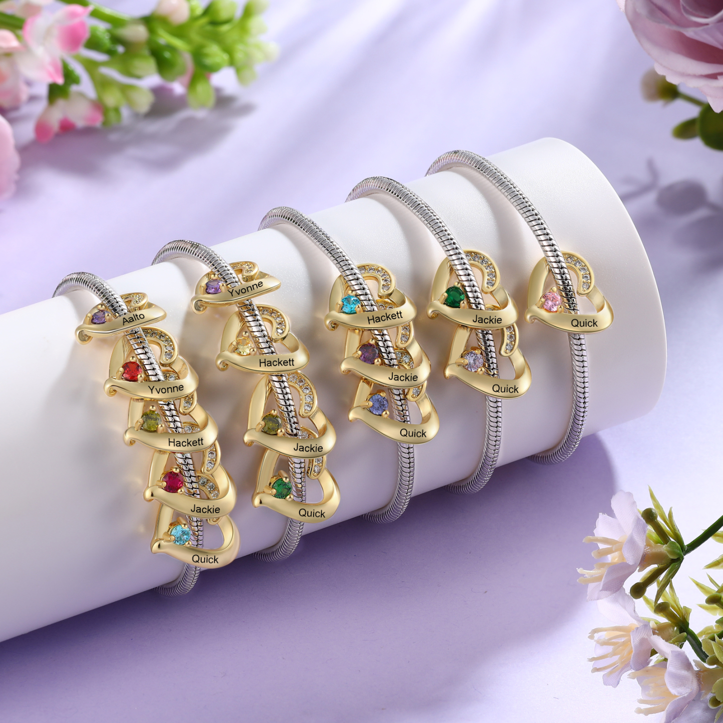 Personalised 1-5 Names Birthstone Heart Bracelet with Custom Name Charms | Jessemade