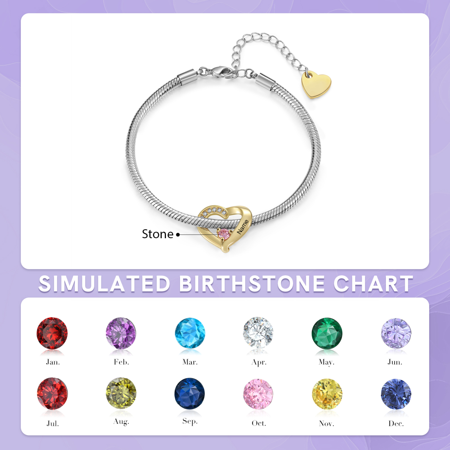 Personalised 1-5 Names Birthstone Heart Bracelet with Custom Name Charms | Jessemade