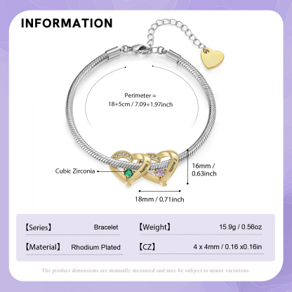 Personalised 1-5 Names Birthstone Heart Bracelet with Custom Name Charms | Jessemade