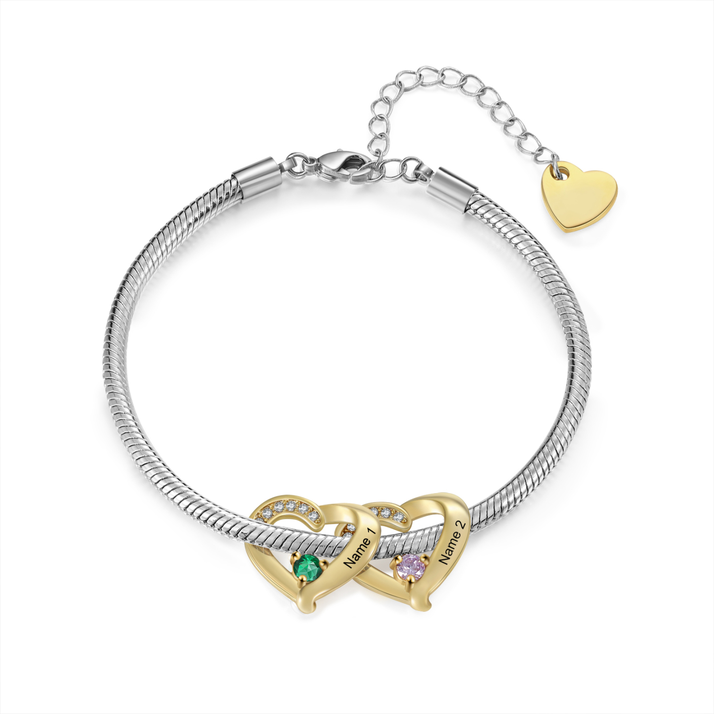 Personalised 1-5 Names Birthstone Heart Bracelet with Custom Name Charms | Jessemade