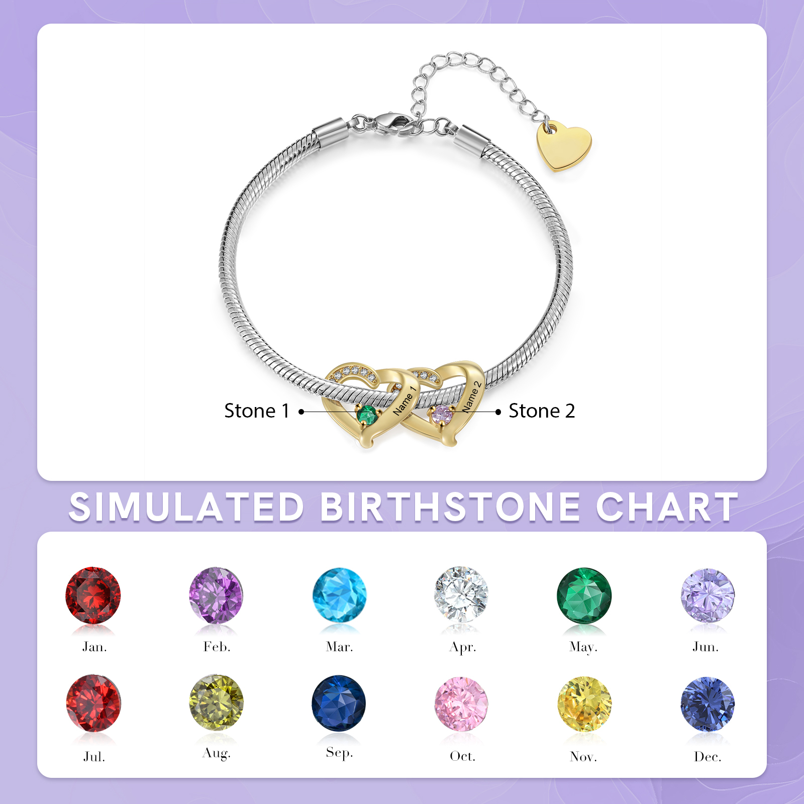 Personalised 1-5 Names Birthstone Heart Bracelet with Custom Name Charms | Jessemade