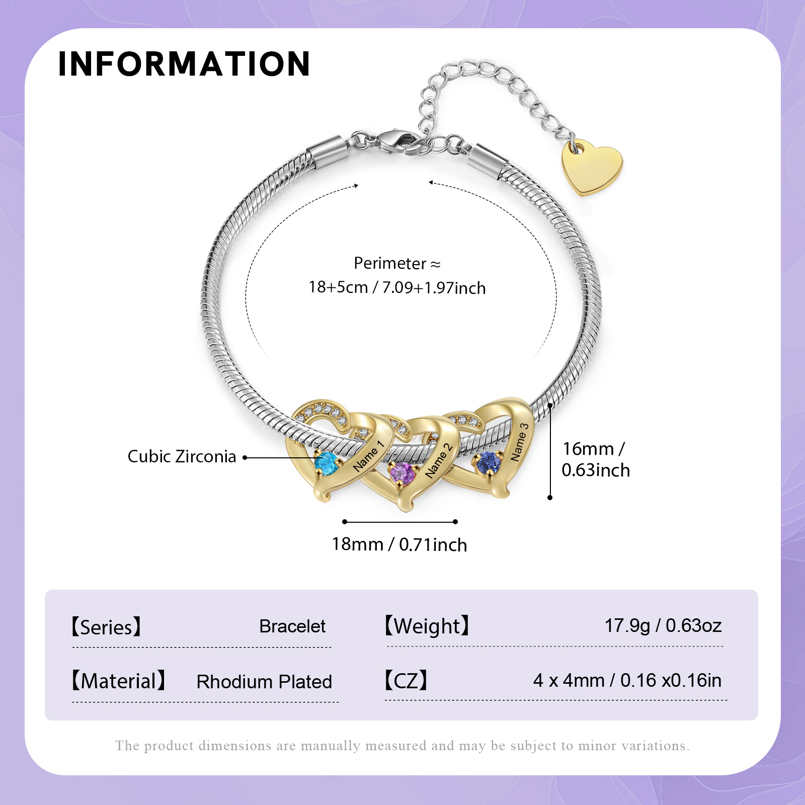 Personalised 1-5 Names Birthstone Heart Bracelet with Custom Name Charms | Jessemade