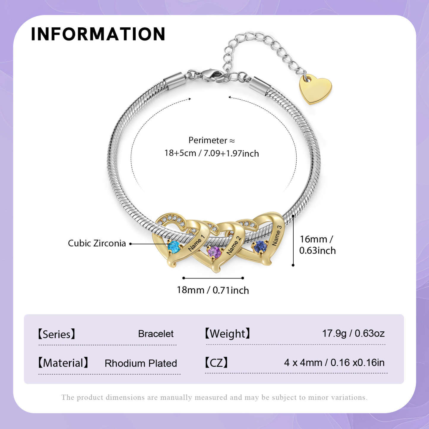 Personalised 1-5 Names Birthstone Heart Bracelet with Custom Name Charms | Jessemade